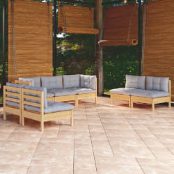 vidaXL Salon de jardin 7 pcs avec coussins - Gris - Bois de pin massif