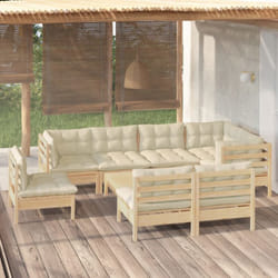 Salon De Jardin 9 Pcs Avec Coussins Crème Bois De Pin Massif