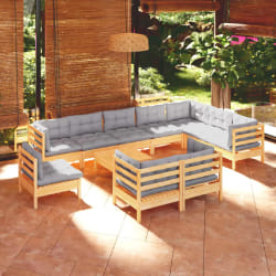 VidaXL Salon de jardin 11 pcs - Coussin gris bois de pin