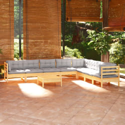 vidaXL Salon de jardin 9 pcs avec coussins - Bois de pin massif - Gris