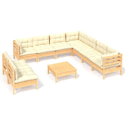 Salon De Jardin 10 Pcs Avec Coussins Crème Bois De Pin Massif Vidaxl