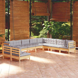 Salon De Jardin 10 Pcs Avec Coussins Gris Bois De Pin Massif Vidaxl