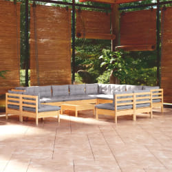 vidaXL Salon de jardin 13 pcs avec coussins - Bois de pin solide Gris