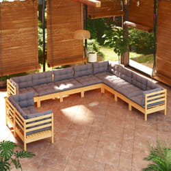 Salon De Jardin 10 Pcs Avec Coussins Gris Bois De Pin Massif Vidaxl