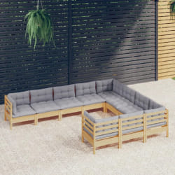 VIDAXL Salon de jardin 10 pcs - Coussin Gris - Bois de Pin