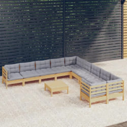 vidaXL Salon de jardin - 11 pcs, bois de pin coussins gris