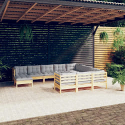 vidaXL Salon de jardin - 11 pcs, bois de pin coussins gris