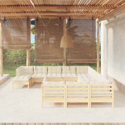 Salon De Jardin 12 Pcs Avec Coussins Crème Bois De Pin