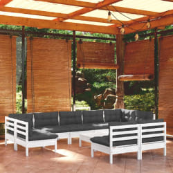 vidaXL Salon de jardin 10 pcs avec coussins blanc bois de pin massif