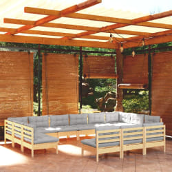 vidaXL Salon de jardin 13 pcs avec coussins gris Bois de pin solide