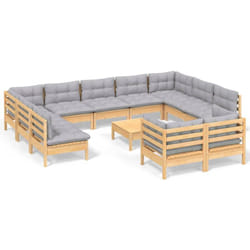 Salon De Jardin 12 Pcs Avec Coussins Gris Bois De Pin Massif Vidaxl