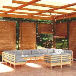 vidaXL Salon de jardin 12 pcs avec coussins - Gris Bois de pin massif