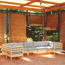 vidaXL Salon de jardin 7 pcs avec coussins - Bois de pin - Gris