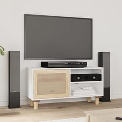 Meuble Tv Blanc 80x30x40 Cm Bois De Pin Massif Et Rotin Naturel Vidaxl