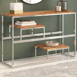 Table console argenté acier inoxydable et bois massif d'acacia vidaXL
