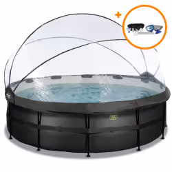 EXIT Piscine couverte Black Leather ø450x122cm avec pompe filtrante à sable et kit d'accessoires - noir, 15233 L, Piscine hor ...