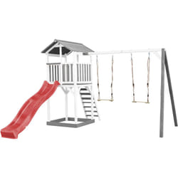 AXI - Beach Tower Aire de Jeux avec Toboggan en Rouge, 2 Balançoires & Bac à Sable Grande Maison Enfant extérieur en Gris & Blanc Cabane de Jeu en