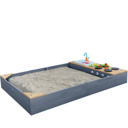 AXI Kelly bac à sable en bois avec banc et jeux de cuisine avec évier 180 x 115 cm Bac à sable pour enfants en Gris claire et brun