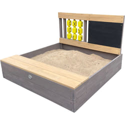 AXI - Kitty Bac à sable en bois avec banc, espace de rangement, jeux du morpion Bac à sable en anthracite et marron avec tapis de sol et couvercle