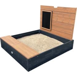 AXI Mandy Bac à sable en bois avec banc, espace de rangement, couvercle et tableau noir - 100 x 90 cm Bac à sable en anthracite et marron avec tapis