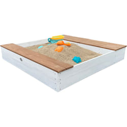 Bac à sable en bois AXI Evy avec bacs à eau, banc et espace de rangement Bac à sable en Gris et marron avec tapis de sol et bâche 119 x 117 cm