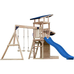 AXI - Malik Aire de Jeux en Bois avec 2 Balançoires, Toboggan Bleu / Aire de Jeux Extérieur, Bac à Sable, Mûr de Jeux/Toboggan avec raccordement à