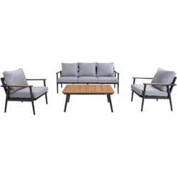 Bibi Salon de jardin avec 1 canapé, 2 fauteuils et une table Canapé Extérieur 4 pièces en aluminium & bois de teck en anthracite / marron Ensemble
