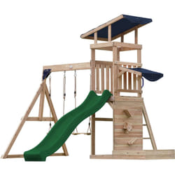 AXI - Malik Aire de Jeux en Bois avec 2 Balançoires, Toboggan Vert/ Aire de Jeux Extérieur, Bac à Sable, Mûr de Jeux/Toboggan avec raccordement à eau