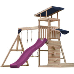 Malik Aire de Jeux en Bois avec 2 Balançoires, Toboggan Violet/ Aire de Jeux Extérieur, Bac à Sable, Mûr de Jeux/Toboggan avec raccordement à eau