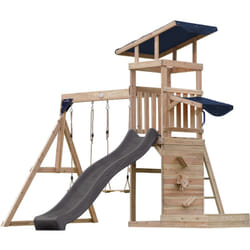 AXI - Malik Aire de Jeux en Bois avec 2 Balançoires, Toboggan Gris/ Aire de Jeux Extérieur, Bac à Sable, Mûr de Jeux/Toboggan avec raccordement à eau