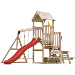 AXI Mette Aire de Jeux en Bois avec 2 Balançoires, toboggan rouge, Table de Pique Nique / Aire de Jeux Extérieur avec balançoires/ bac à