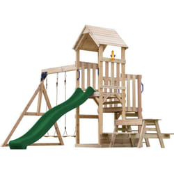 AXI - Mette Aire de Jeux en Bois avec 2 Balançoires, toboggan bleu, Table de Pique Nique / Aire de Jeux Extérieur avec balançoires/ bac à