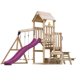 AXI - Mette Aire de Jeux en Bois avec 2 Balançoires, toboggan violet, Table de Pique Nique / Aire de Jeux Extérieur avec balançoires/ bac à