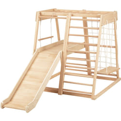 Sunny Mickie Tour d'escalade avec toboggan, balançoire et échelle de corde en bois naturel Structure d'escalade d'intérieur pour enfants avec toboggan réversible Jouet Montessori