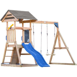 AXI - Mia Aire de Jeux en Bois avec 2 Balançoires, Toboggan Bleu/ Aire de Jeux Extérieur, Bac à Sable, Mur d'escalade Portique Balançoire/Jeux en