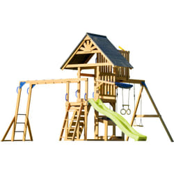 AXI - Mitch Aire de Jeux en Bois avec 2 Balançoires, Toboggan Jaune / Aire de Jeux Extérieur, Bac à Sable, Trapèze/Mur d'escalade Portique
