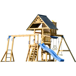 AXI - Mitch Aire de Jeux en Bois avec 2 Balançoires, Toboggan Bleu / Aire de Jeux Extérieur, Bac à Sable, Trapèze/Mur d'escalade Portique