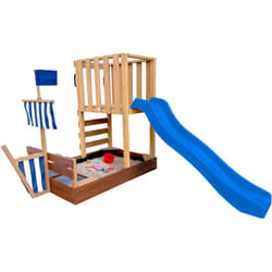 Vicky Aire de Jeux en Bois avec Toboggan Bleu / Aire de jeux extérieur, bac à sable, cuisine de jeu et tableau noir Jeux en Bois Extérieur - AXI