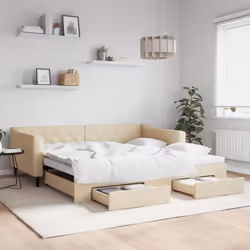 vidaXL Lit de jour avec gigogne et tiroirs crème 100x200 cm tissu - 100 x 200 cm