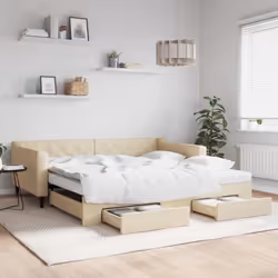 vidaXL Lit de jour avec gigogne et tiroirs crème 100x200 cm tissu - 100 x 200 cm