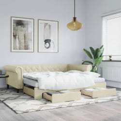 vidaXL Lit de jour avec gigogne et tiroirs crème 90x200 cm similicuir - 90 x 200 cm