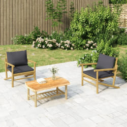 vidaXL Salon de jardin 3 pcs avec coussins gris foncé bambou