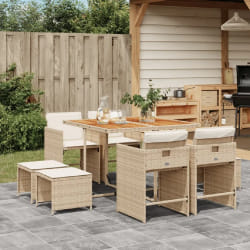 vidaXL Ensemble à manger de jardin et coussins 9 pcs beige Poly rotin