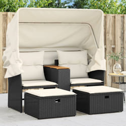 Vidaxl - Canapé de jardin 2 places avec auvent et tabourets noir rotin