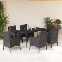 vidaXL Ensemble à manger de jardin coussins 7pcs Noir Résine tressée
