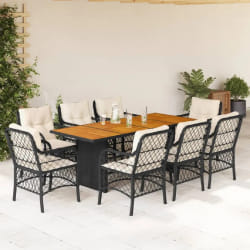 vidaXL Ensemble à manger de jardin 9pcs coussins noir résine tressée