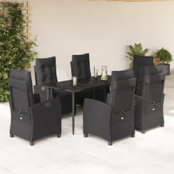 vidaXL Ensemble à manger de jardin coussins 7pcs Noir Résine tressée