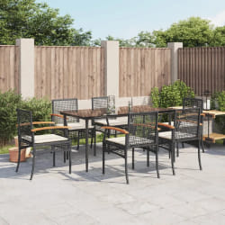 vidaXL Ensemble à manger de jardin coussins 7pcs Noir Résine tressée