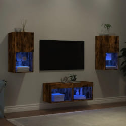 vidaXL Meuble TV muraux 4 pcs avec lumières LED chêne fumé