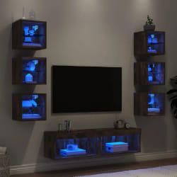 vidaXL Unités murales TV avec LED 8 pcs - Chêne fumé